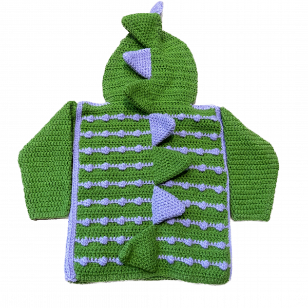 Handmade crocheted dinosaur hoodie for 1 - 2 years old. Made to an original design by Lisa. - Image 2