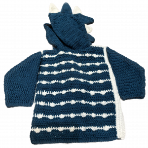 Handmade crocheted dinosaur hoodie for 6 - 12 months old. Made to an original design by Lisa.