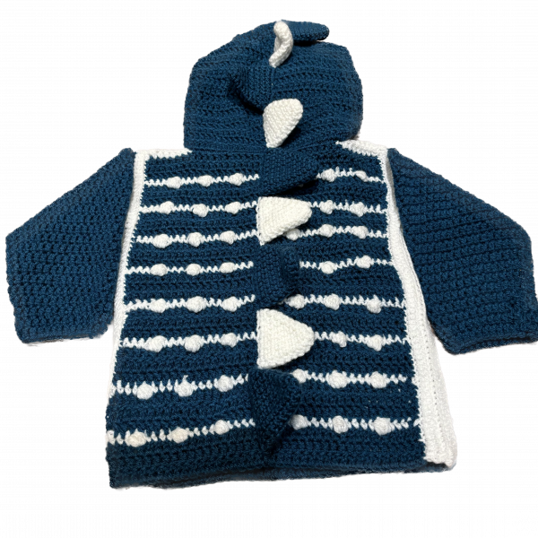 Handmade crocheted dinosaur hoodie for 6 - 12 months old. Made to an original design by Lisa. - Image 2