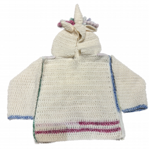 Handmade crocheted unicorn hoodie for 6 - 12 months old. Made to an original design by Lisa.