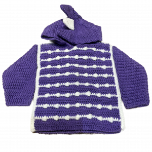 Handmade crocheted dinosaur hoodie for 6 - 12 months old. Made to an original design by Lisa.