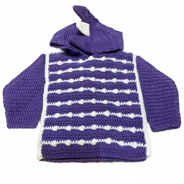 Handmade crocheted dinosaur hoodie for 6 - 12 months old. Made to an original design by Lisa.
