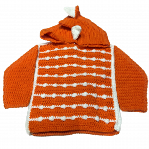Handmade crocheted dinosaur hoodie for 6 - 12 months old. Made to an original design by Lisa.