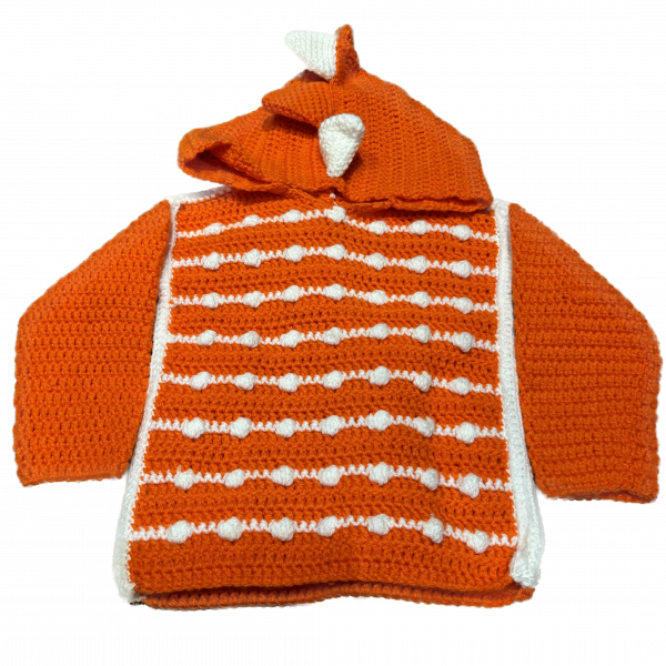 Handmade crocheted dinosaur hoodie for 6 - 12 months old. Made to an original design by Lisa.