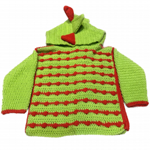 Handmade crocheted dinosaur hoodie for 1 - 2 years old. Made to an original design by Lisa.
