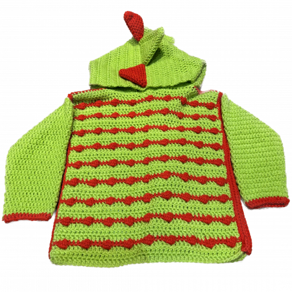Handmade crocheted dinosaur hoodie for 1 - 2 years old. Made to an original design by Lisa.