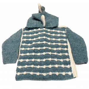 Handmade crocheted dinosaur hoodie for 1 - 2 years old. Made to an original design by Lisa.