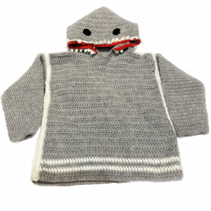 Handmade crocheted shark hoodie for 3 - 4 years old. Made to an original design by Lisa.