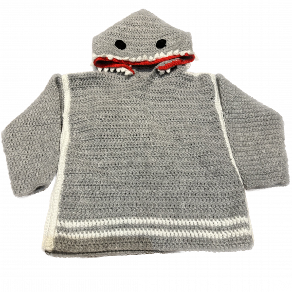 Handmade crocheted shark hoodie for 3 - 4 years old. Made to an original design by Lisa.