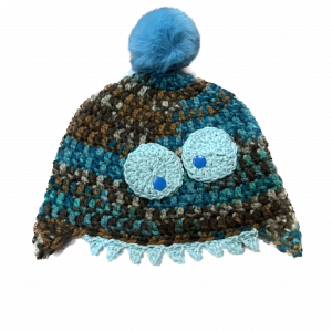 Handmade crocheted monster hat for 1 - 3 years. Made to an original design by Lisa.