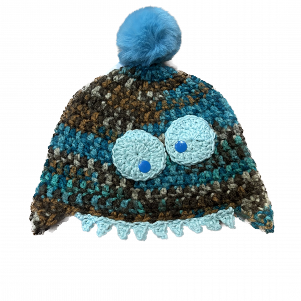 Handmade crocheted monster hat for 1 - 3 years. Made to an original design by Lisa.