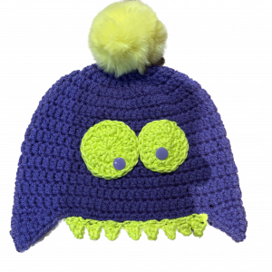 Handmade crocheted monster hat for 1 - 3 years. Made to an original design by Lisa.