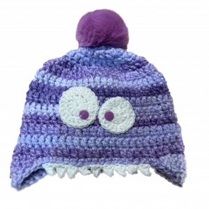 Handmade crocheted monster hat for 3 - 10 years. Made to an original design by Lisa.