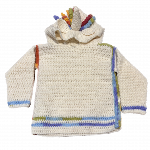 Handmade crocheted unicorn hoodie for 1 - 2 years old. Made to an original design by Lisa.