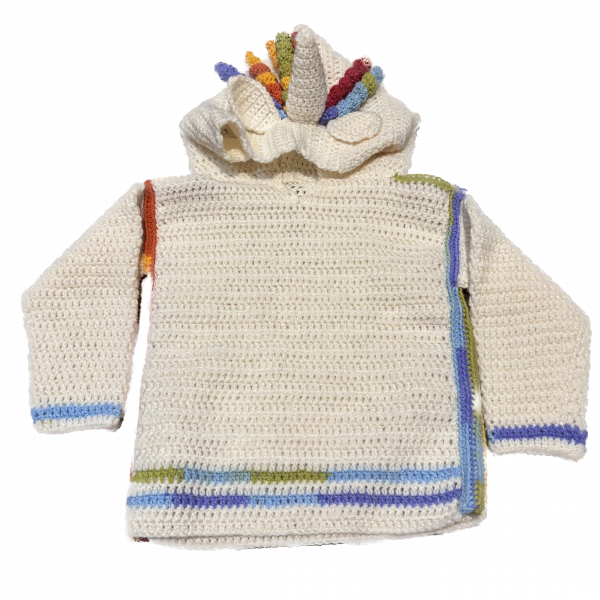 Handmade crocheted unicorn hoodie for 1 - 2 years old. Made to an original design by Lisa.