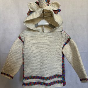 Handmade crocheted unicorn hoodie for 3 - 4 years old. Made to an original design by Lisa.