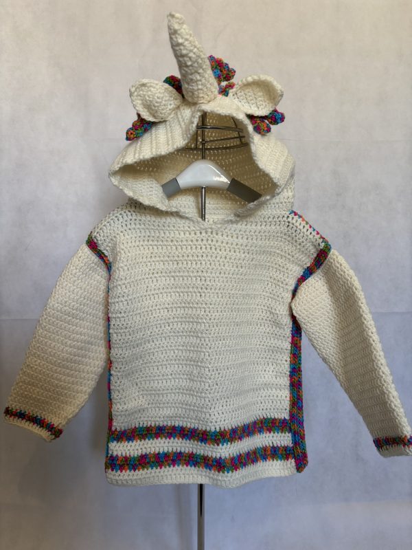 Handmade crocheted unicorn hoodie for 3 - 4 years old. Made to an original design by Lisa.