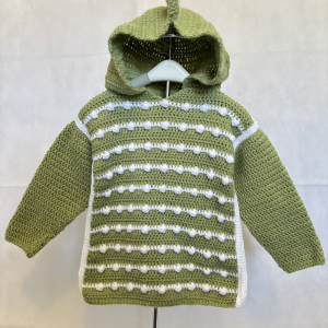 Handmade crocheted dinosaur hoodie for 3 - 4 years old. Made to an original design by Lisa.
