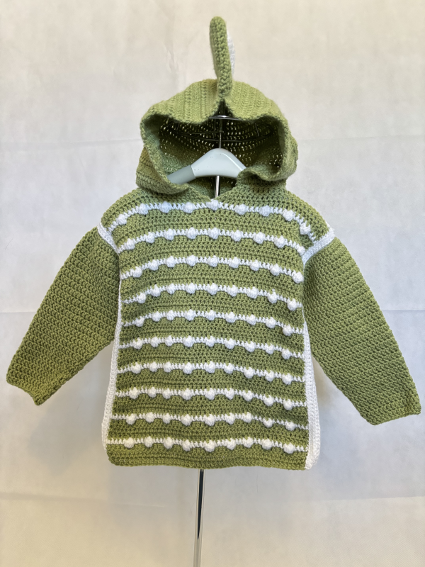 Handmade crocheted dinosaur hoodie for 3 - 4 years old. Made to an original design by Lisa.