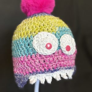 Handmade crocheted monster hat for 6 - 12 months. Made to an original design by Lisa.
