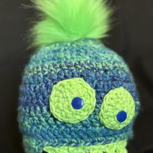 Handmade crocheted monster hat for 6 - 12 months. Made to an original design by Lisa.