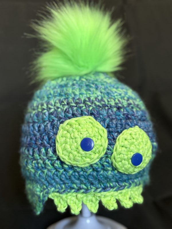 Handmade crocheted monster hat for 6 - 12 months. Made to an original design by Lisa.