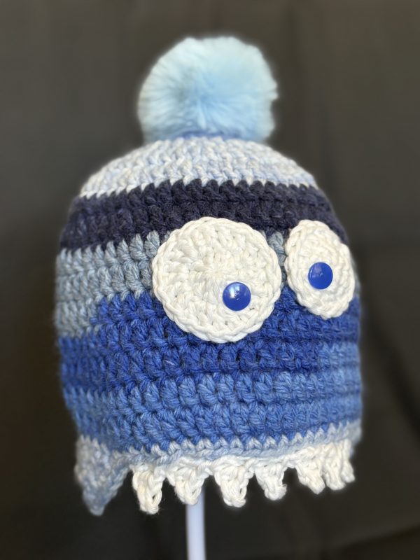 Handmade crocheted monster hat for 3 - 10 years. Made to an original design by Lisa.