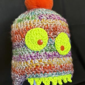 Handmade crocheted monster hat for 3 - 10 years. Made to an original design by Lisa.
