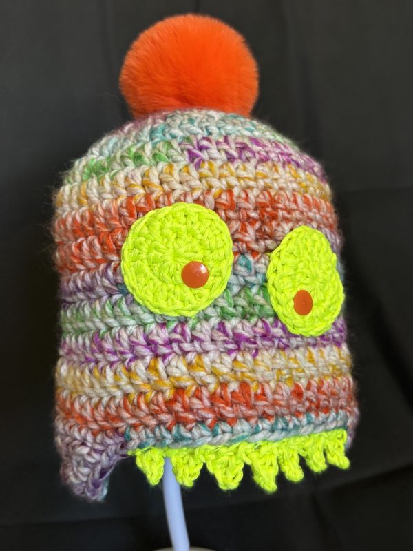 Handmade crocheted monster hat for 3 - 10 years. Made to an original design by Lisa.