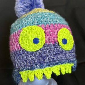 Handmade crocheted monster hat for 1 - 3 years. Made to an original design by Lisa.