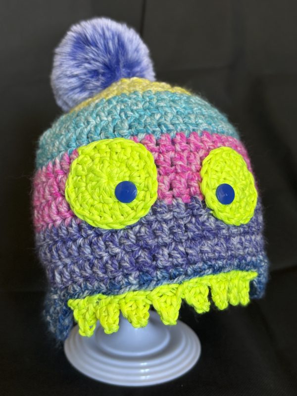 Handmade crocheted monster hat for 1 - 3 years. Made to an original design by Lisa.
