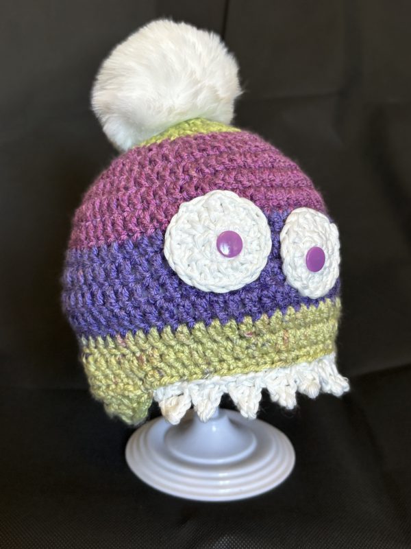 Handmade crocheted monster hat for 6 - 12 months. Made to an original design by Lisa.