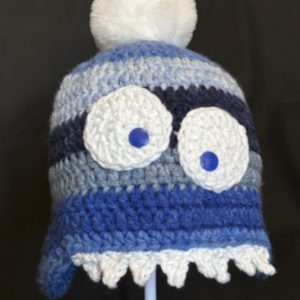 Handmade crocheted monster hat for 3 - 10 years. Made to an original design by Lisa.