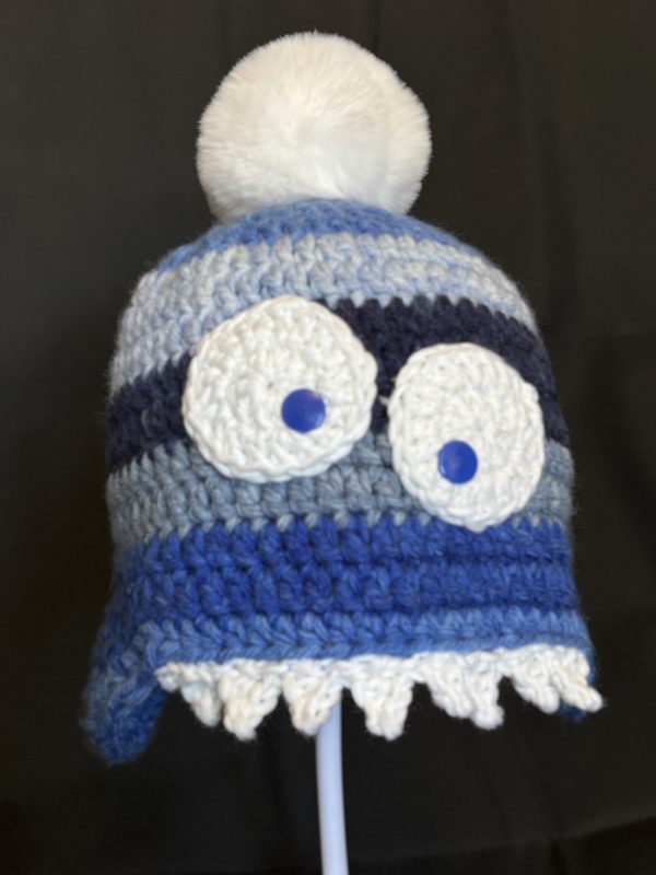 Handmade crocheted monster hat for 3 - 10 years. Made to an original design by Lisa.