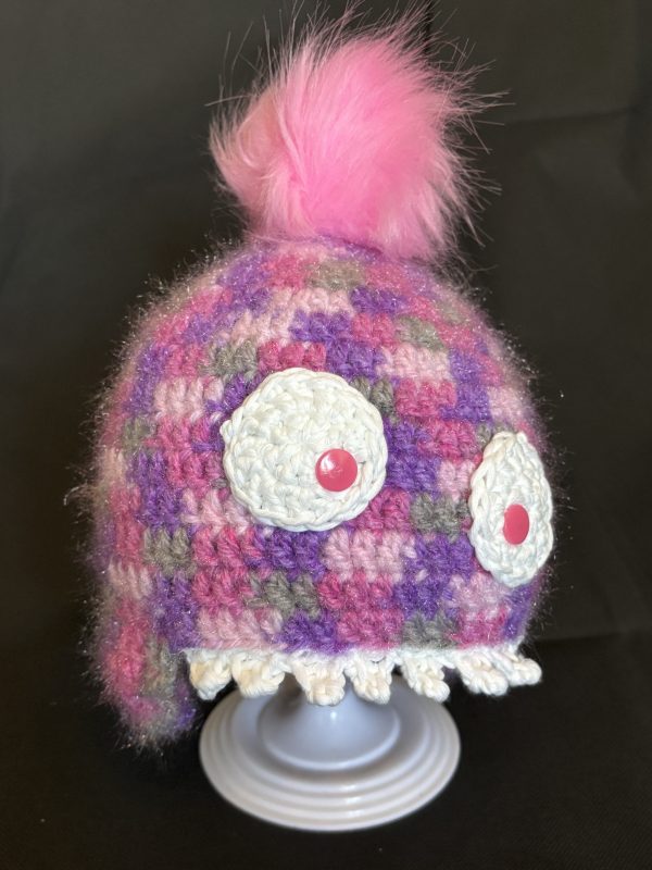 Handmade crocheted monster hat for 6 - 12 months. Made to an original design by Lisa.