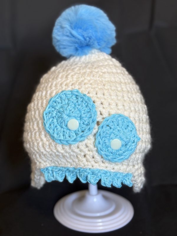 Handmade crocheted monster hat for 6 - 12 months. Made to an original design by Lisa.