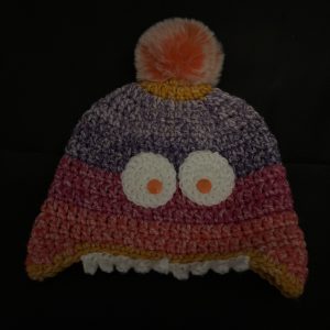 Handmade crocheted monster hat for 1 - 3 years. Made to an original design by Lisa.
