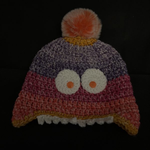 Handmade crocheted monster hat for 1 - 3 years. Made to an original design by Lisa.