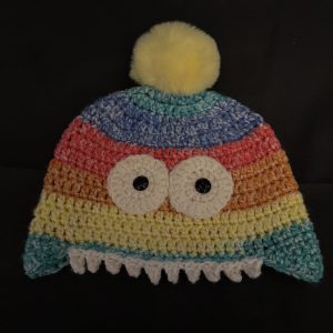 Handmade crocheted monster hat for 3 - 10 years. Made to an original design by Lisa.