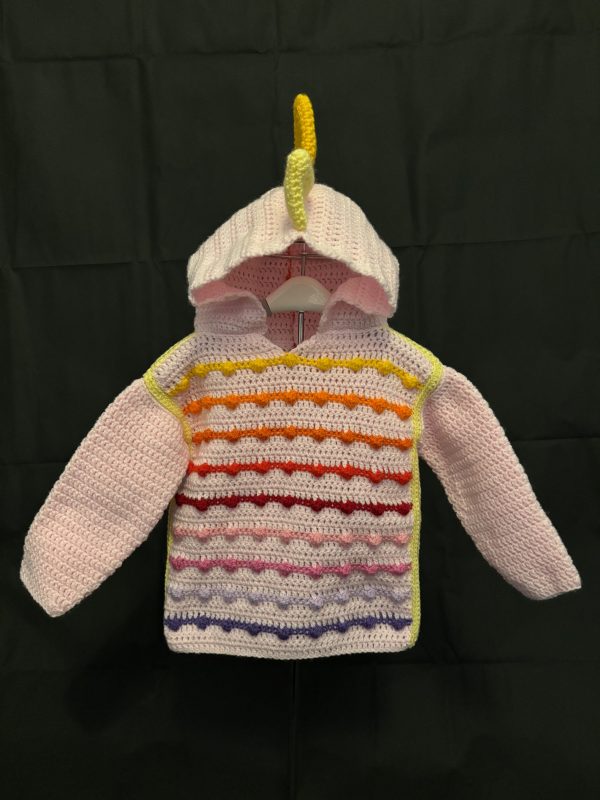 Handmade crocheted dinosaur hoodie for 1 - 2 years old. Made to an original design by Lisa.