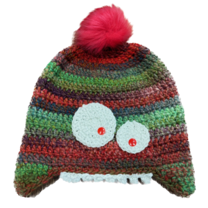Handmade crocheted monster hat for adult L. Made to an original design by Lisa.