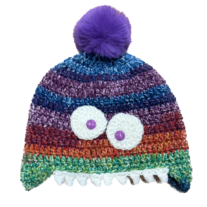 Handmade crocheted monster hat for 0 - 1 year old. Made to an original design by Lisa.