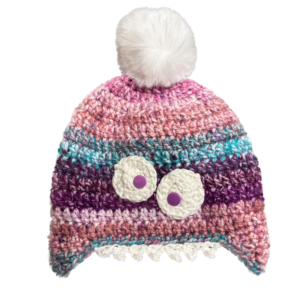 Handmade crocheted monster hat for 0 - 1 year old. Made to an original design by Lisa.