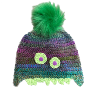 Handmade crocheted monster hat for 0 - 1 year old. Made to an original design by Lisa.